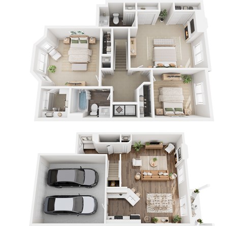 A top and bottom floor plan of a house with a car parked in the garage.